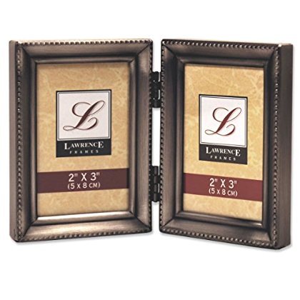 Antique Pewter Hinged Double 2x3 Picture Frame - Beaded Edge Design