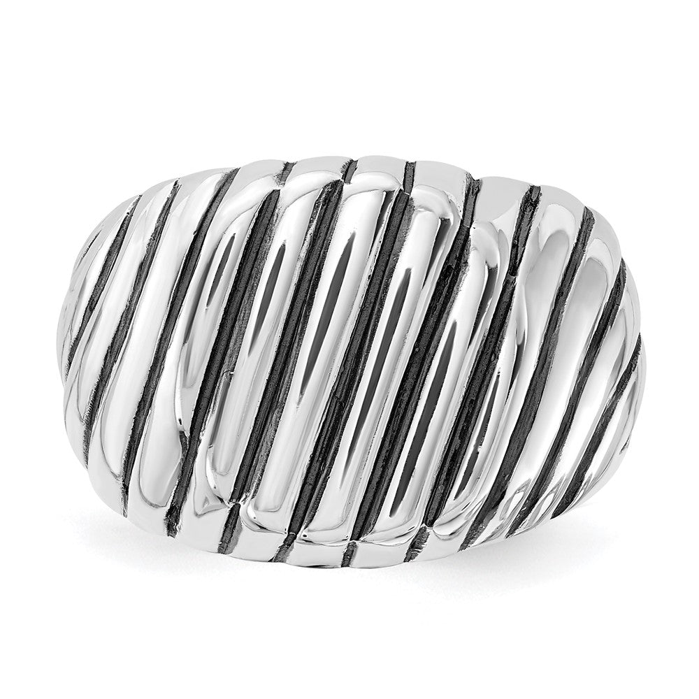 Sterling Silver Polished & Antiqued Grooved Signet Ring