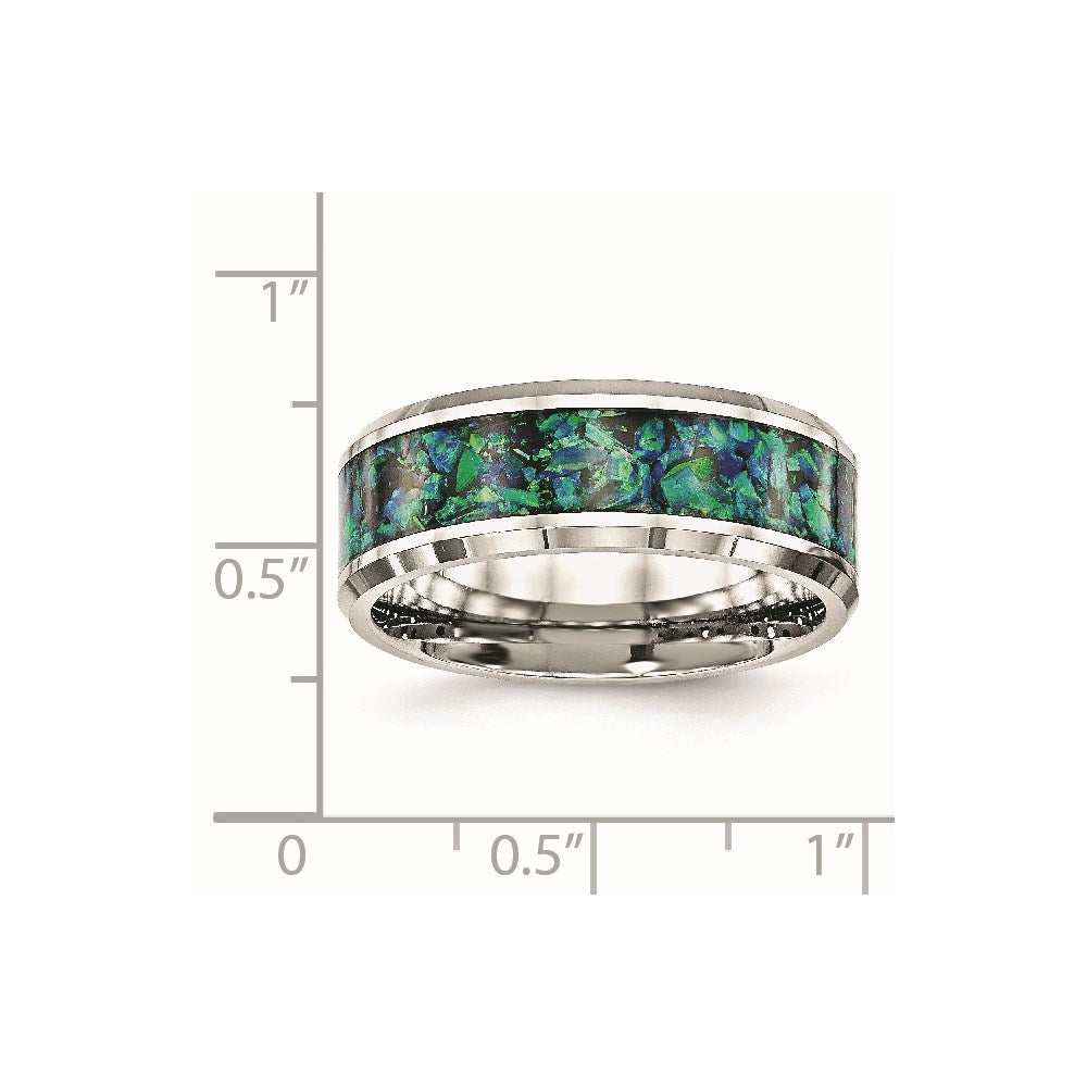 Stainless Steel Polished with Blue Imitation Opal Inlay 8mm Band Size - 11
