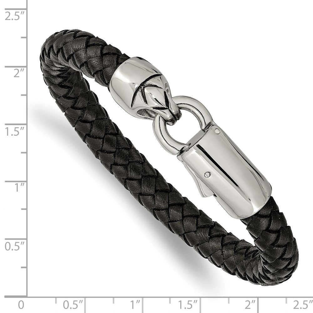 Stainless Steel Antiqued and Polished Black Leather 8.25in Bracelet 8.25 inches
