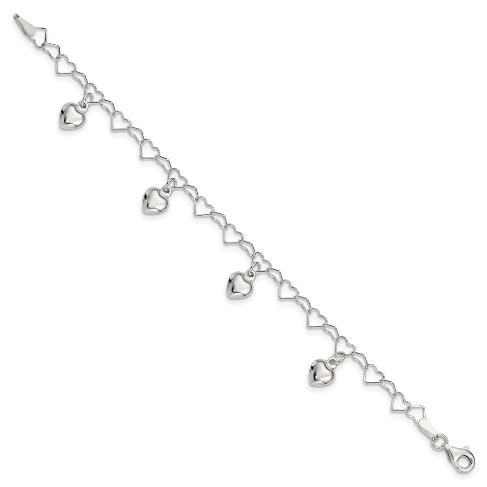 Sterling Silver Polished Dangling Heart Children's Bracelet 6 inches