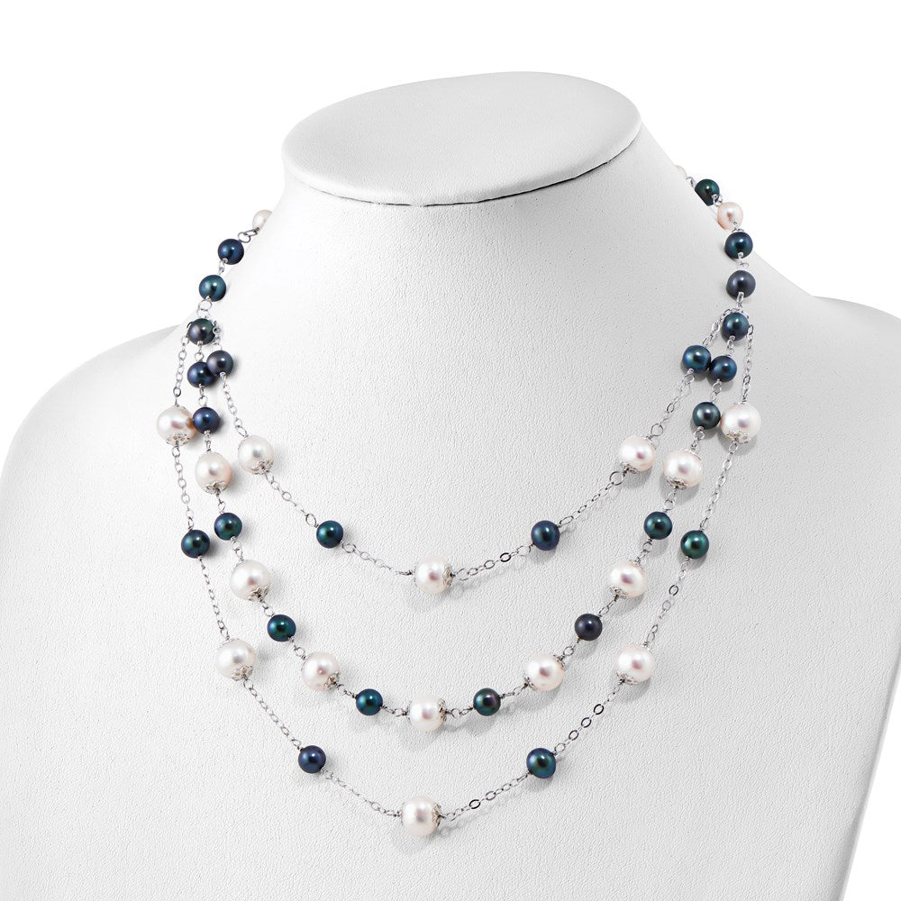 Sterling Silver Rhodium-plated 6-10mm White and Black Freshwater Cultured Pearl Layered 17 inch with 2 inch Extension Necklace 17 Inches