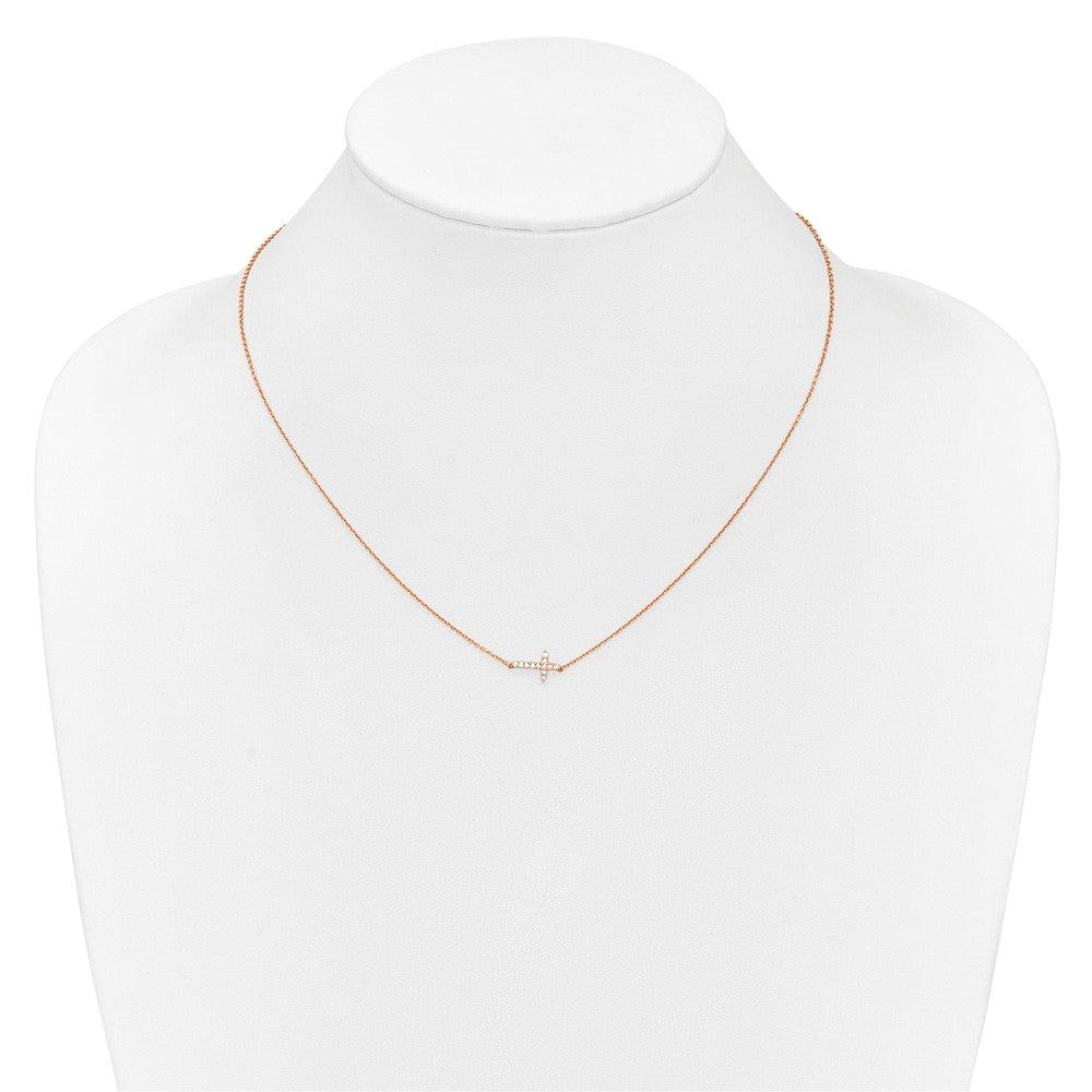 14k Rose Gold Diamond Sideways Cross 18in Necklace