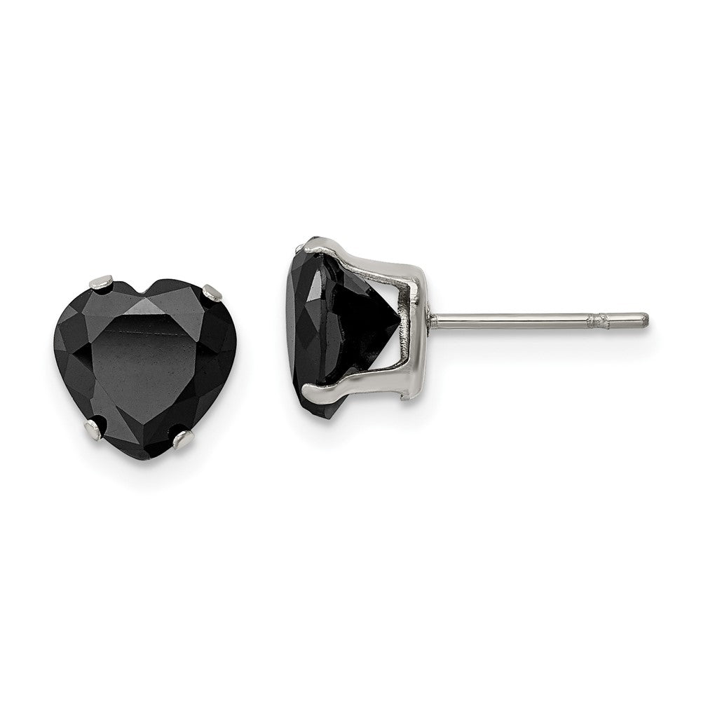 Stainless Steel Polished 8mm Black Heart CZ Stud Post Earrings