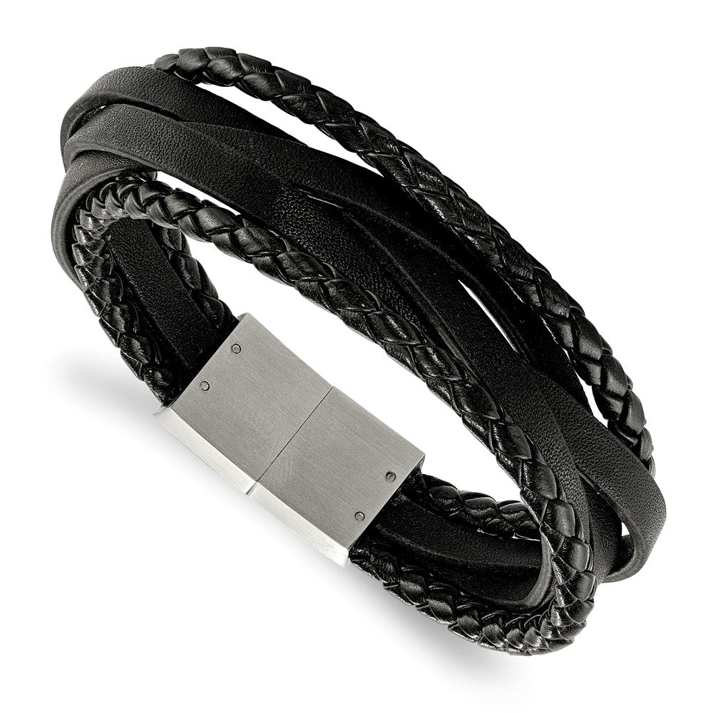 Stainless Steel Brushed Black Leather Braided Multi-Strand 8.25in Bracelet 8.25 inches