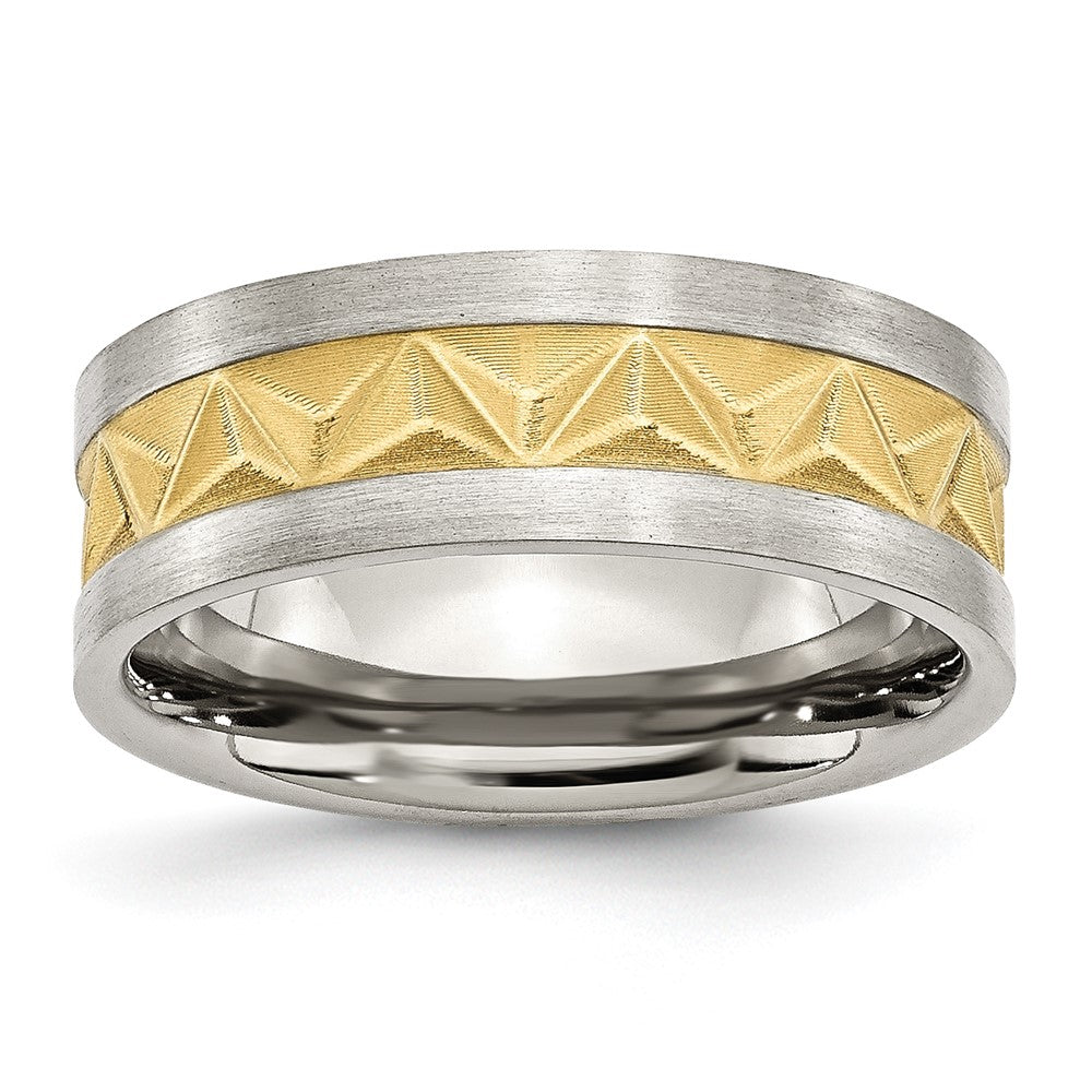 Stainless Steel Brushed Yellow IP-plated 8mm Grooved Band Size - 12