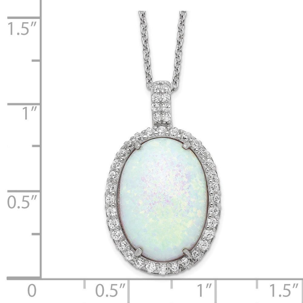 Cheryl M Sterling Silver Rhodium-plated Cabochon Lab Created Opal and Brilliant-cut CZ Oval Halo 18 Inch Necklace 18 Inches