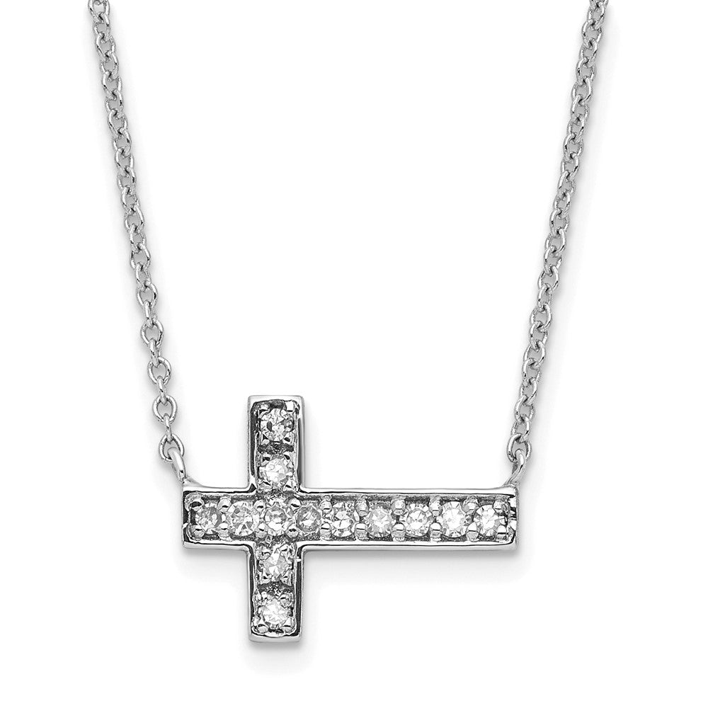 14k White Gold Polished Diamond Sideways Cross with 3 in ext Necklace