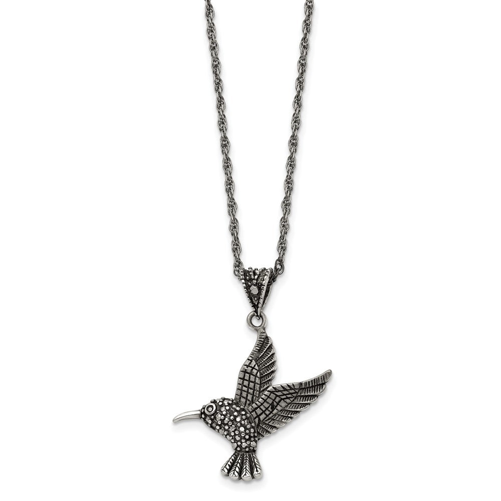 Stainless Steel Antiqued and Polished w/Marcasite Hummingbird Necklace