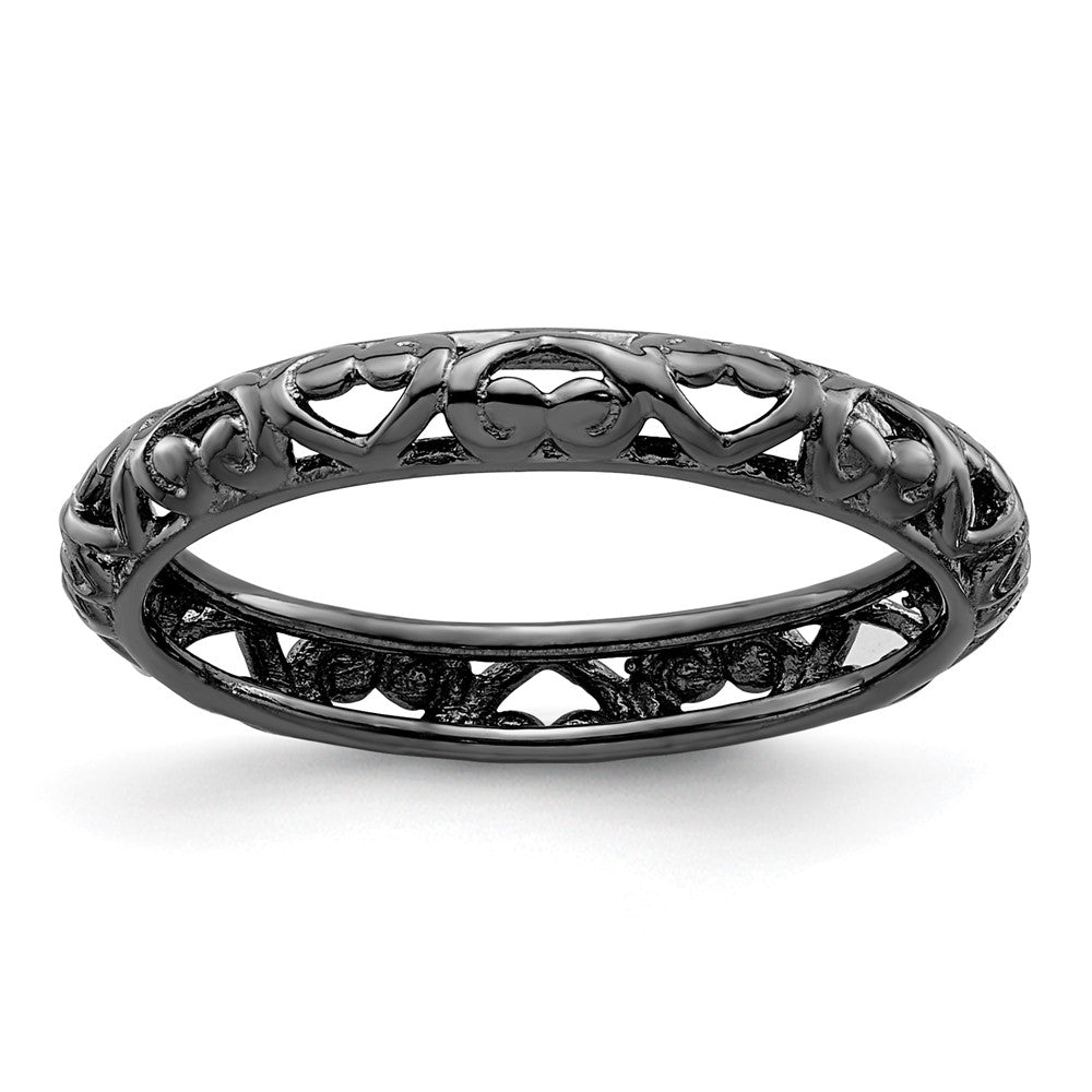 Sterling Silver Stackable Expressions Black-plated Carved Ring Size -6