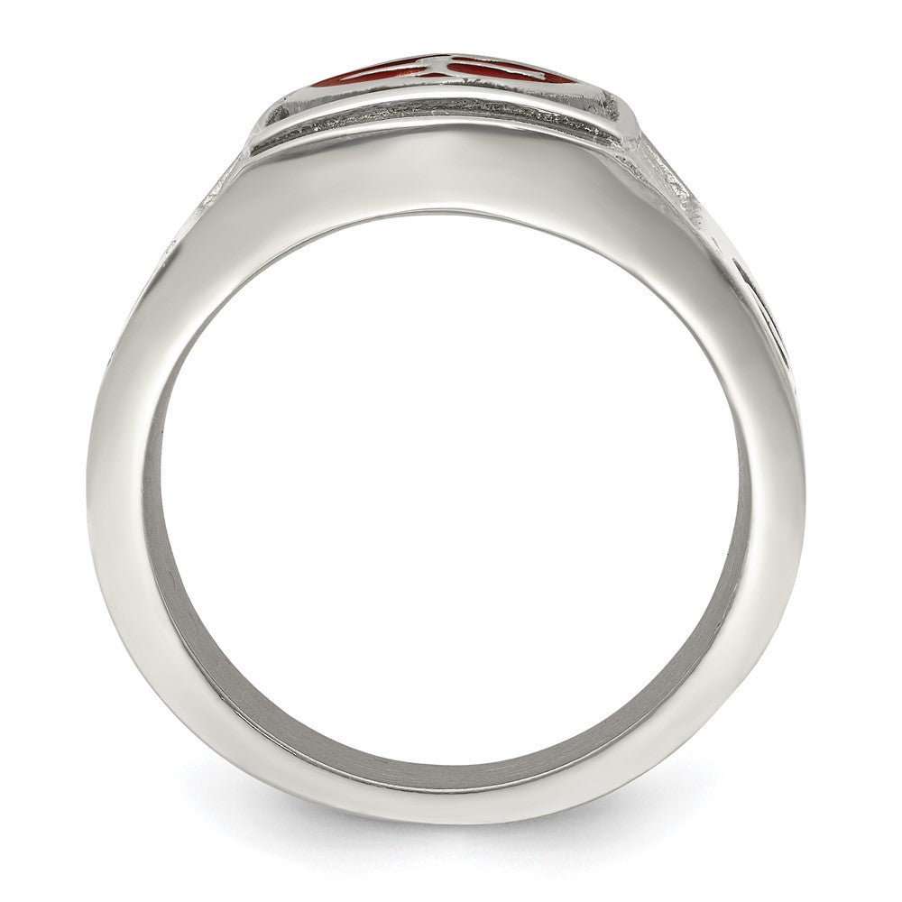 Stainless Steel Antiqued and Polished w/Red Enamel Cross/Shield Ring Size - 10