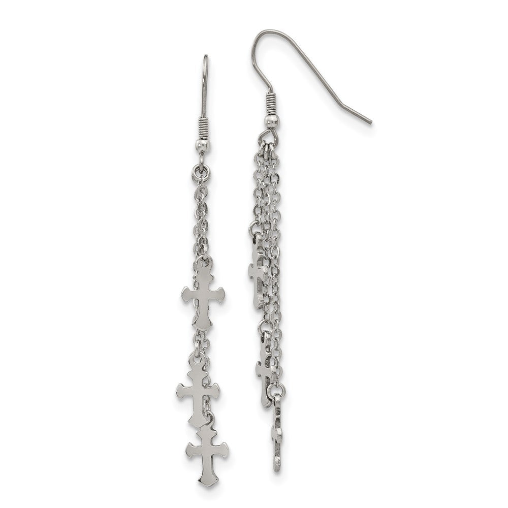 Stainless Steel Polished Multi Strand Cross Dangle Shepherds Hook Earrings