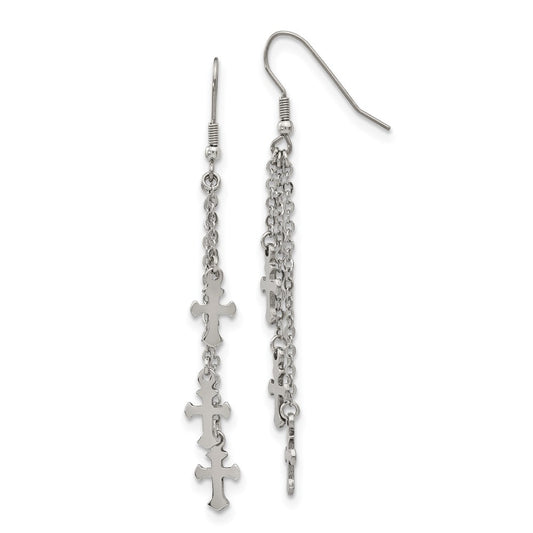 Stainless Steel Polished Multi Strand Cross Dangle Shepherds Hook Earrings