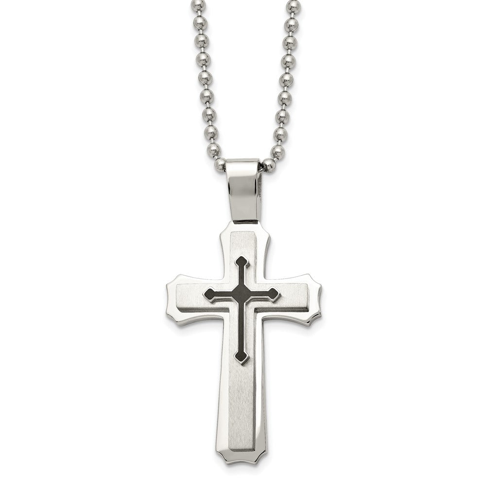 Stainless Steel Brushed and Polished w/Black Rubber Cross 24in Necklace