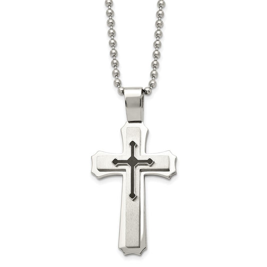 Stainless Steel Brushed and Polished w/Black Rubber Cross 24in Necklace
