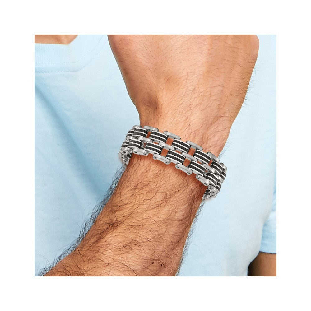 Stainless Steel Brushed and Polished Rubber 8.25in Bracelet 8.25 inches