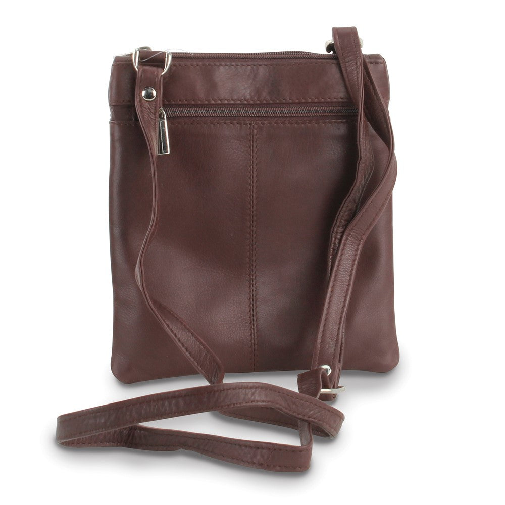 Brown Leather Triple-Zip Multi-Pocket Crossbody Bag with Adjustable Shoulder Strap