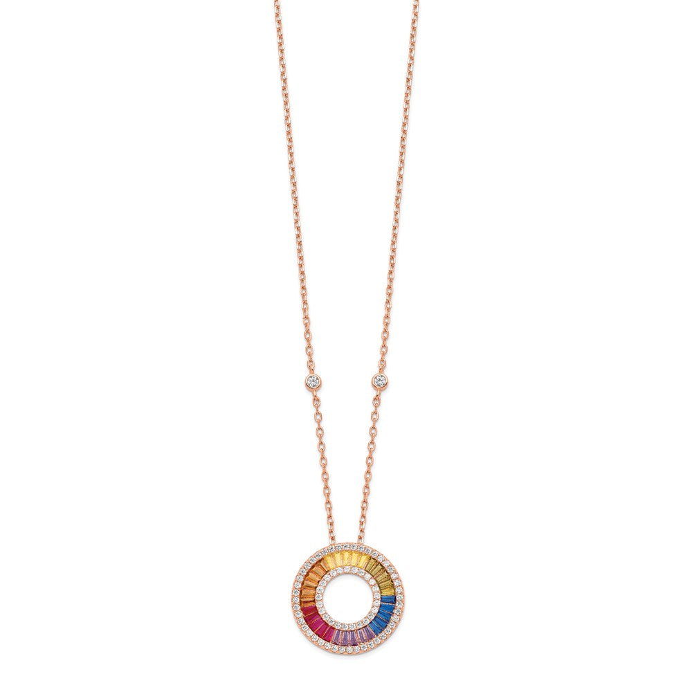 Prizma Sterling Silver Rose-tone 14K Flash Rose Gold-plated 16 inch Colorful Baguettes CZ Circle Necklace with 2 inch Extender 16 Inches