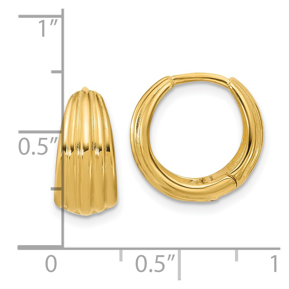 14K Polished/Grooved Round Huggie Hoop Earrings