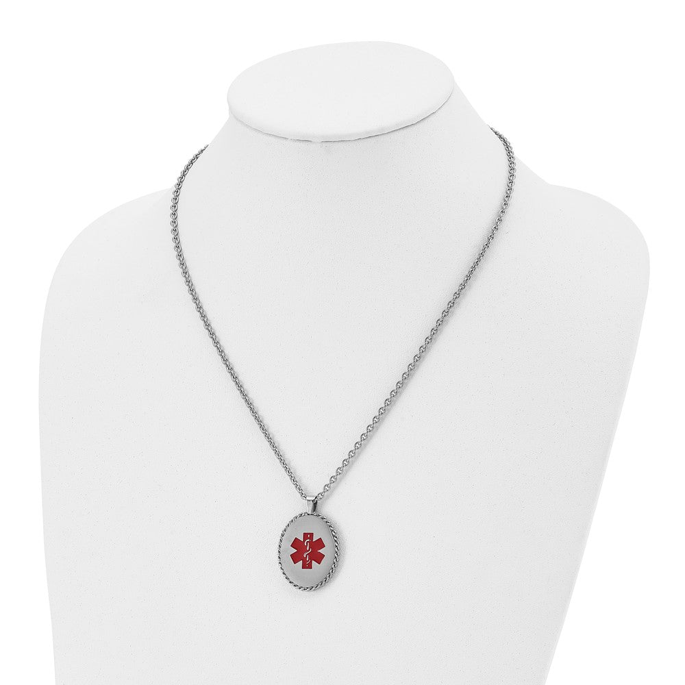Stainless Steel Polished w/Red Enamel Oval Medical ID 20in Necklace