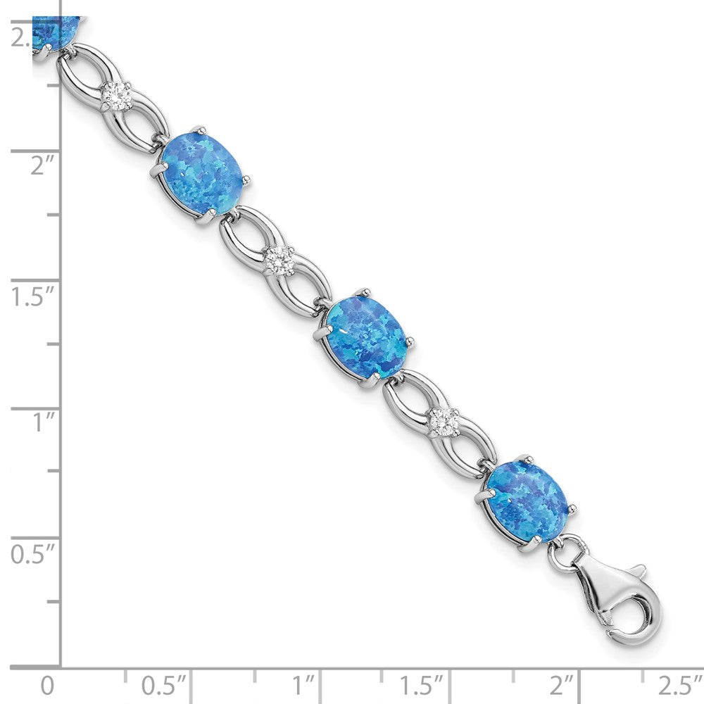 Sterling Silver Rhodium-plated Polished Blue Created Opal & CZ Bracelet 7.25 inches