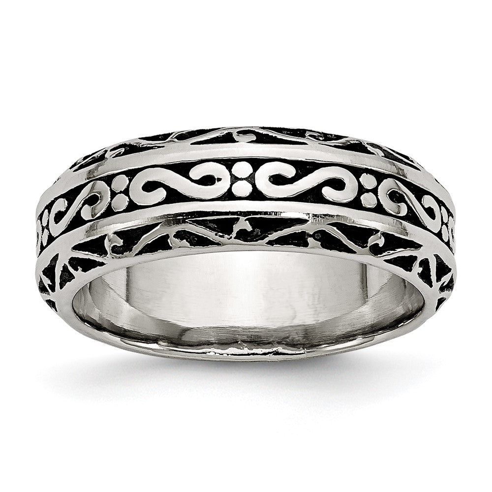 Stainless Steel Antiqued and Polished Swirl Design 7mm Band Size - 11