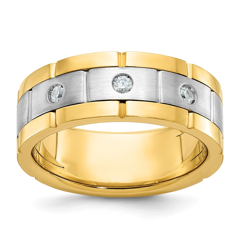 IBGoodman 14k Two-tone Men's Polished Satin and Grooved 3-Stone 1/6 Carat AA Quality Diamond Ring