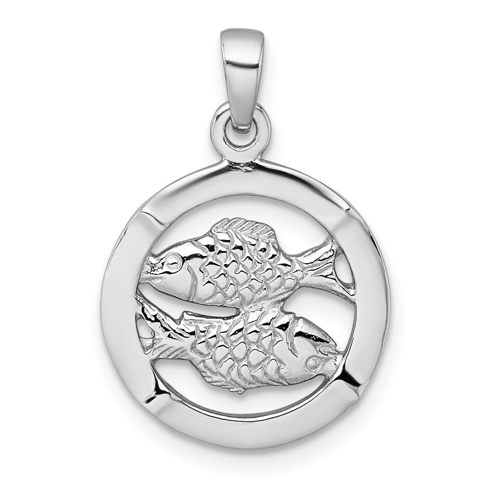 Sterling Silver Rhodium-plated Polished Reversible Pisces Fish in Circle Zodiac Pendant