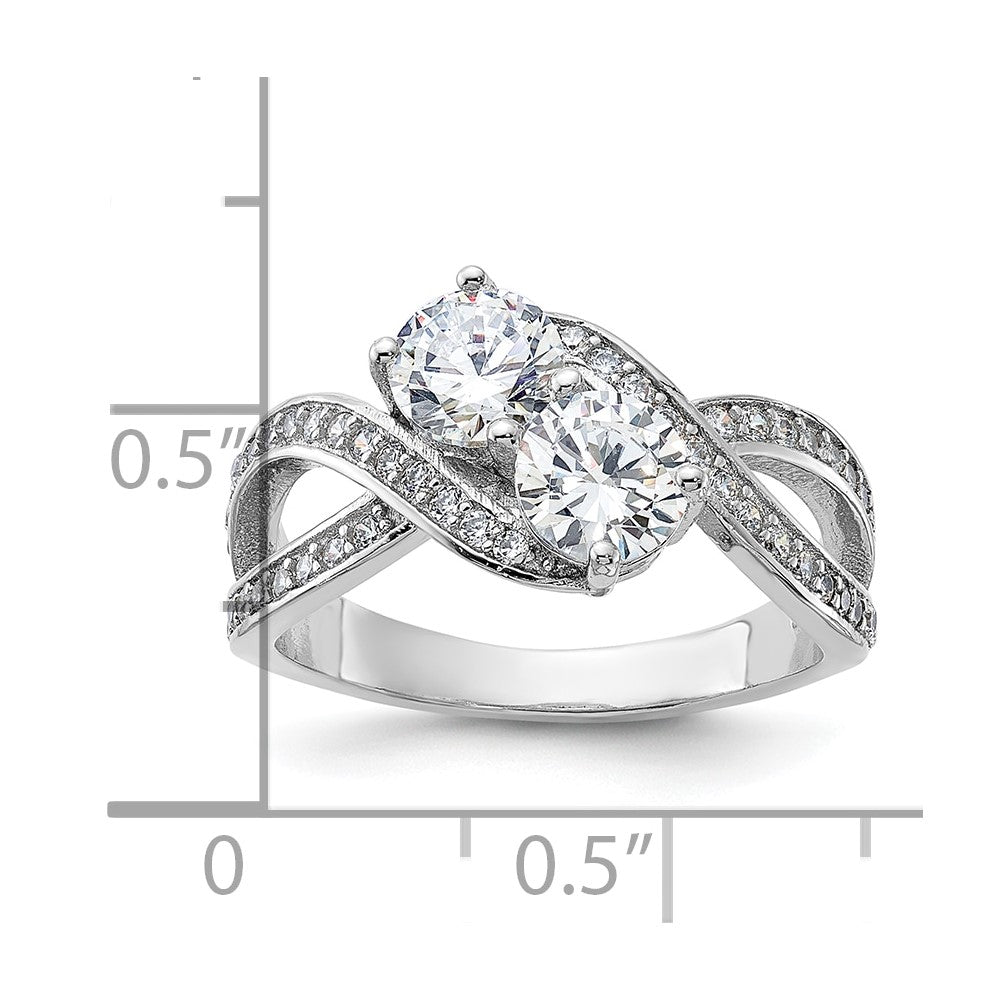 Sterling Silver Rhodium-plated CZ Two Stone Polished Ring