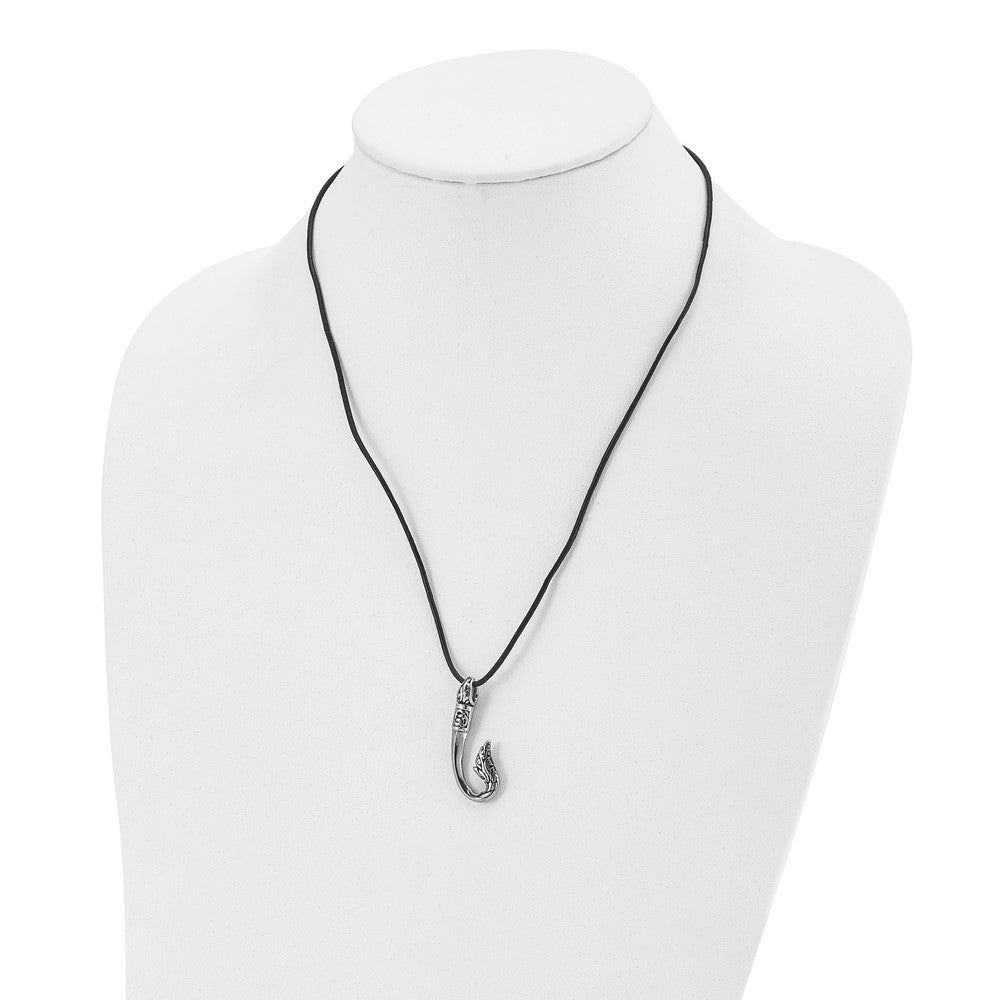 Stainless Steel Antiqued and Polished Hook 20in Leather Necklace