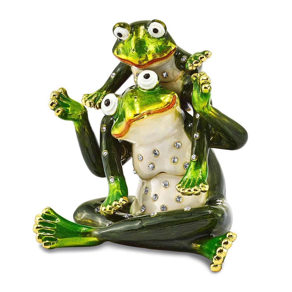 Luxury Giftware Pewter Bejeweled Crystals Gold-tone Enameled MAMA & TAD Frog Mother and Child Trinket Box with Matching 18 Inch Necklace Q-BJ4016