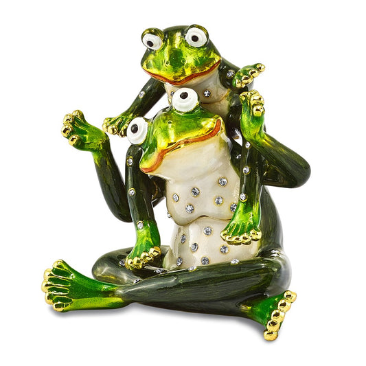 Luxury Giftware Pewter Bejeweled Crystals Gold-tone Enameled MAMA & TAD Frog Mother and Child Trinket Box with Matching 18 Inch Necklace Q-BJ4016