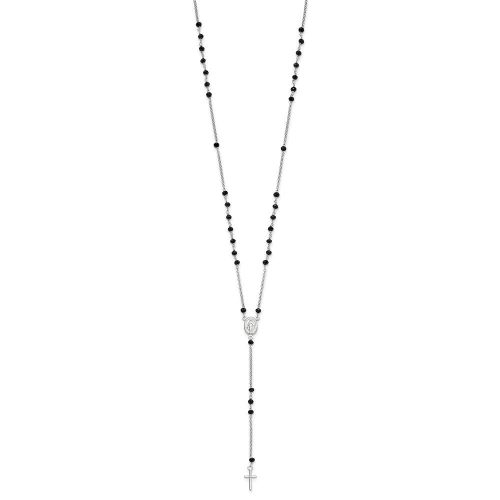 Sterling Silver Rhodium-plated Black Beaded Rosary w/1.25in .ext Necklace 19 Inches