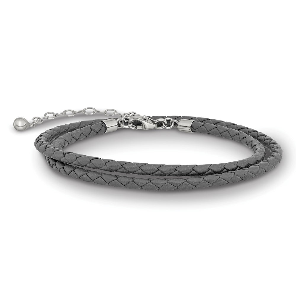 Sterling Silver Reflections Gray Leather Rhodium-plated 14 inch with a 2 inch extention Choker/Wrap Bracelet 14 inches