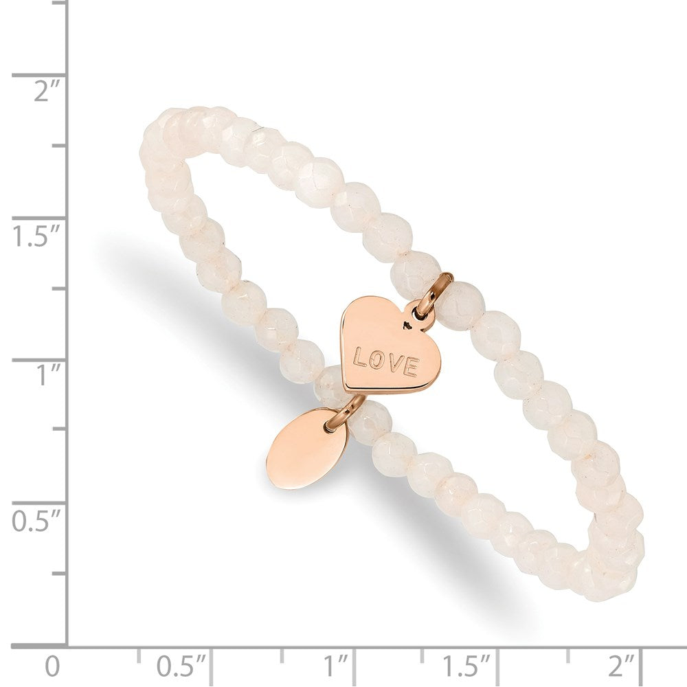 Stainless Steel Polished Rose IP-plated LOVE Heart Jade Stretch Bracelet 6.25 inches
