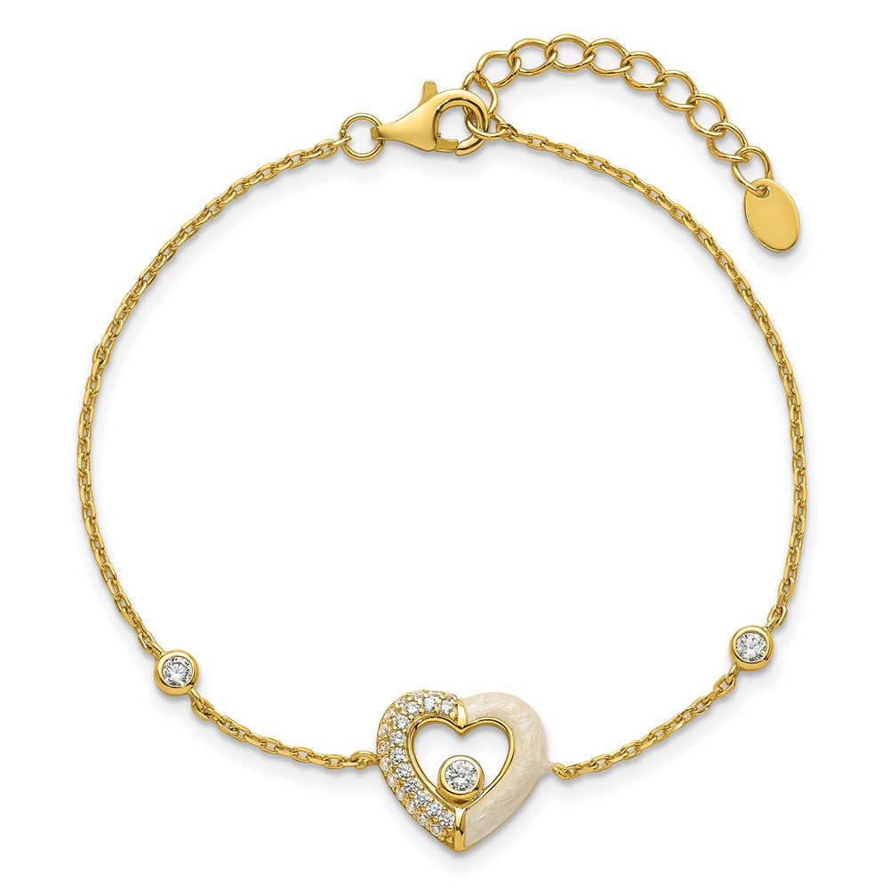 Sterling Silver Gold-tone Polished CZ and Champagne Enamel Open Heart 7 inch with 1 inch Extension Bracelet 7.25 inches