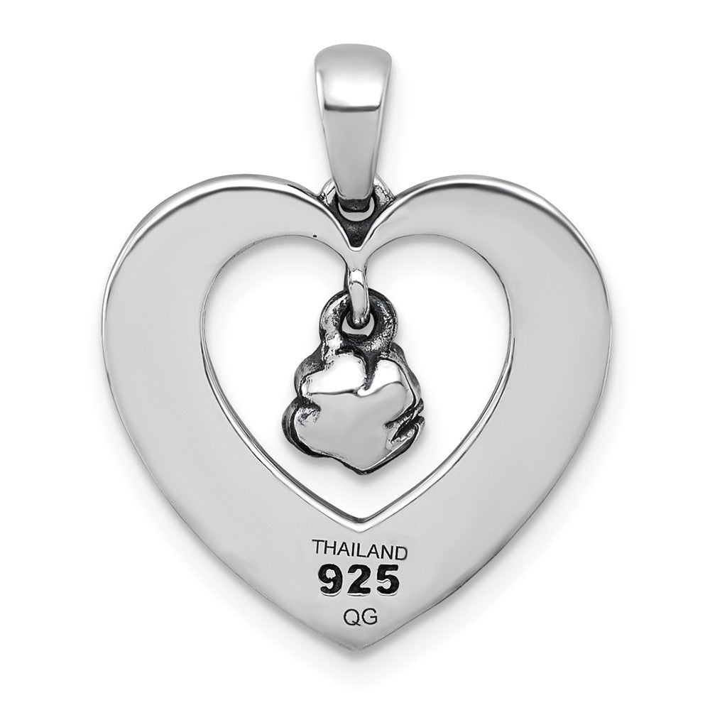 Sterling Silver Antiqued Polished Open Heart With Dangling Flower Pendant