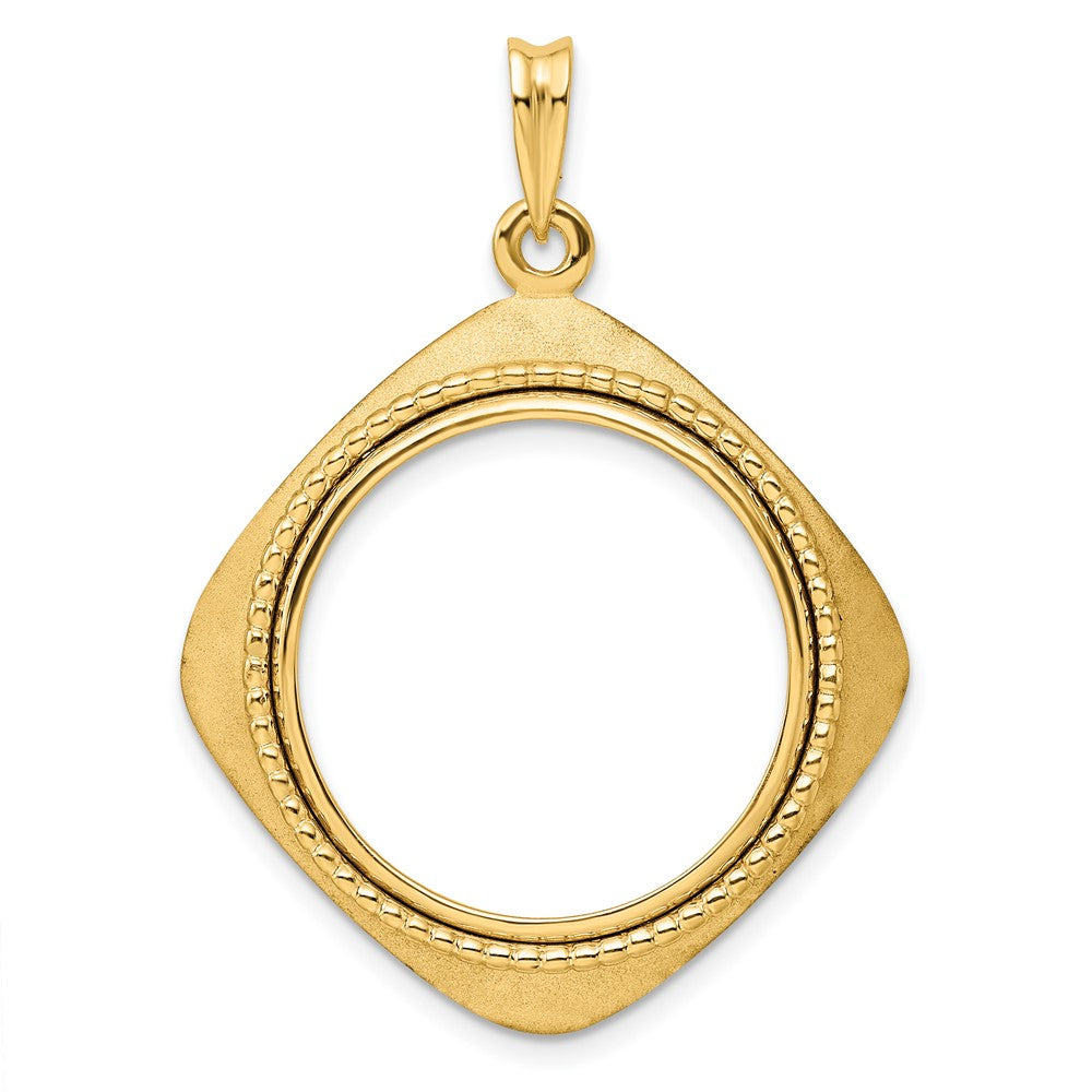 Wideband Distinguished Coin Jewelry 14k Polished Textured and Beaded Diamond Shaped 21.6mm Prong Coin Bezel Pendant