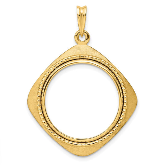 Wideband Distinguished Coin Jewelry 14k Polished Textured and Beaded Diamond Shaped 21.6mm Prong Coin Bezel Pendant