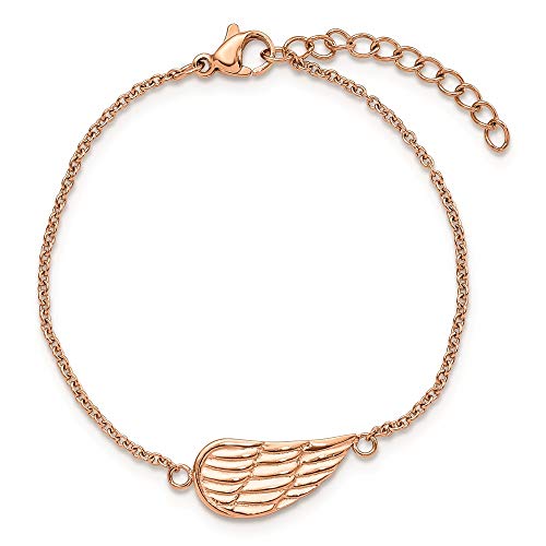 Stainless Steel Brushed/Polished Rose IP Angel Wing w/1.25in ext Bracelet 6.25 inches
