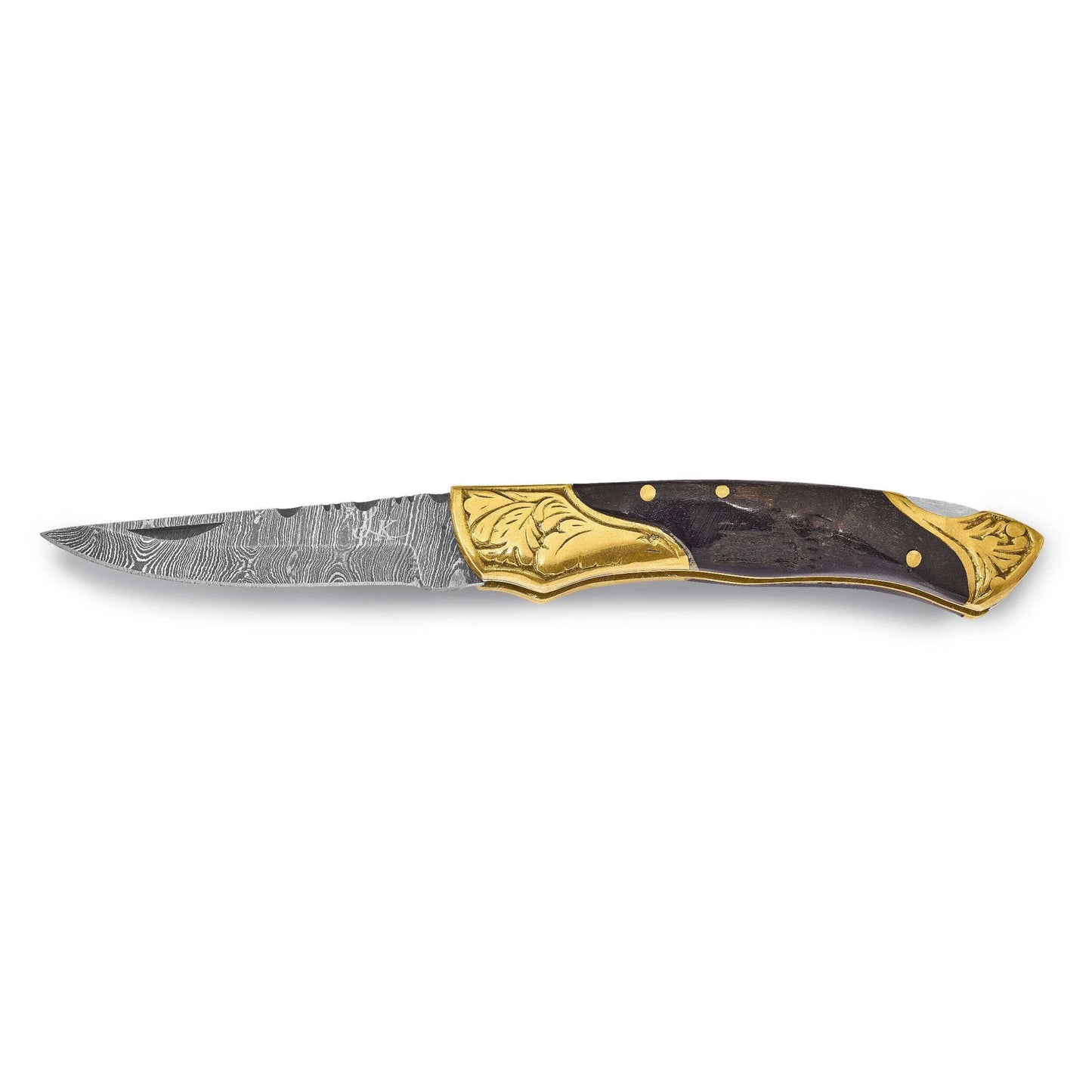 Luxury Giftware Damascus Steel 256 Layer Folding Blade Brass Guard Ram Horn Handle Knife with Leather Sheath and Wooden Gift Box QKN1410