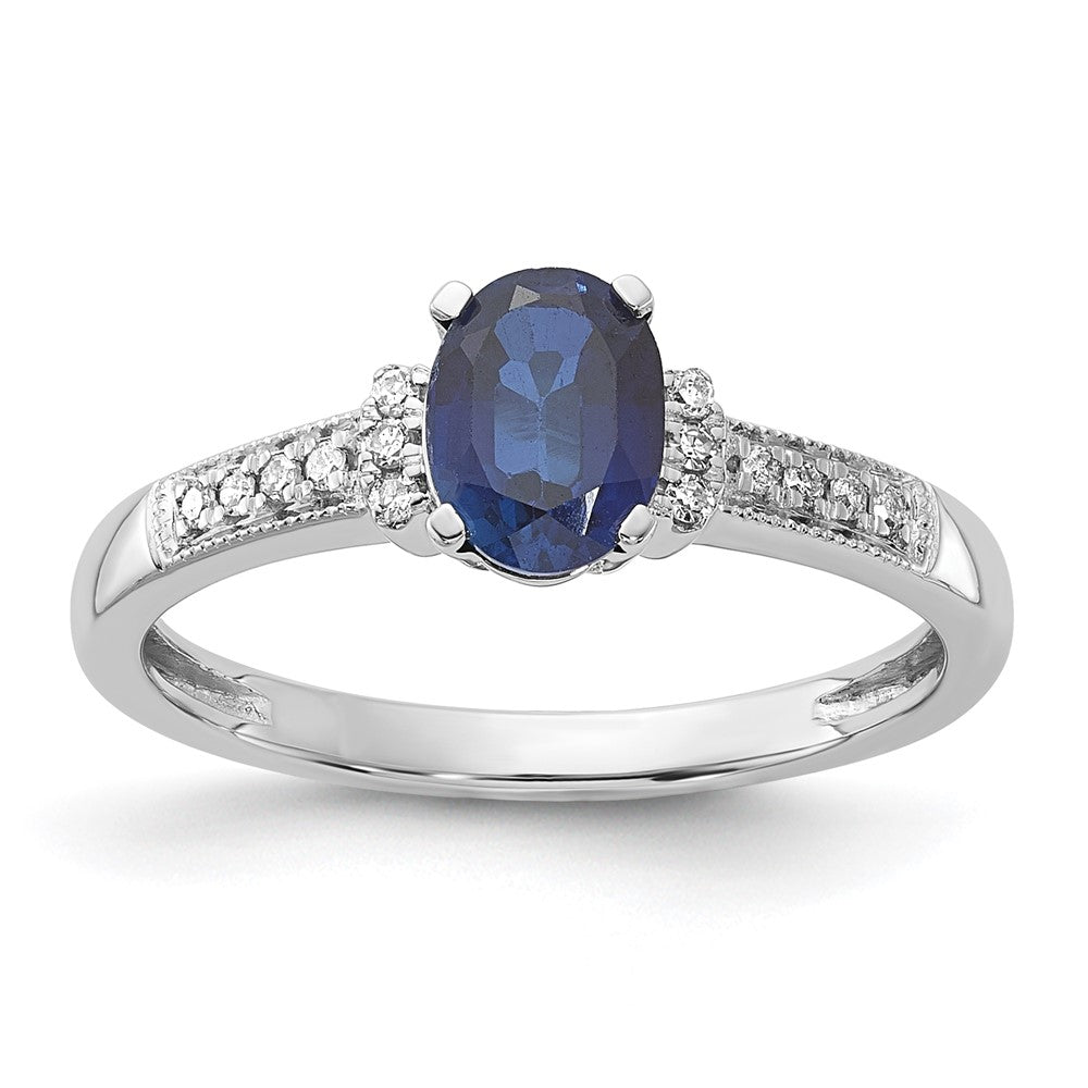 10k White Gold Polished Oval Cr. Blue Sapphire & Diamond Ring