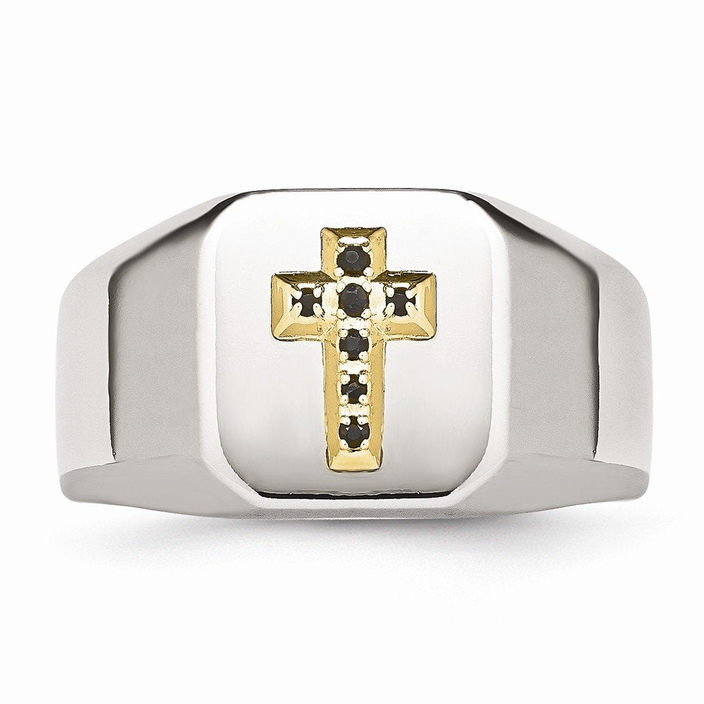 Stainless Steel Polished w/14k Accent 1/15ct Sapphire Cross Signet Ring Size - 10