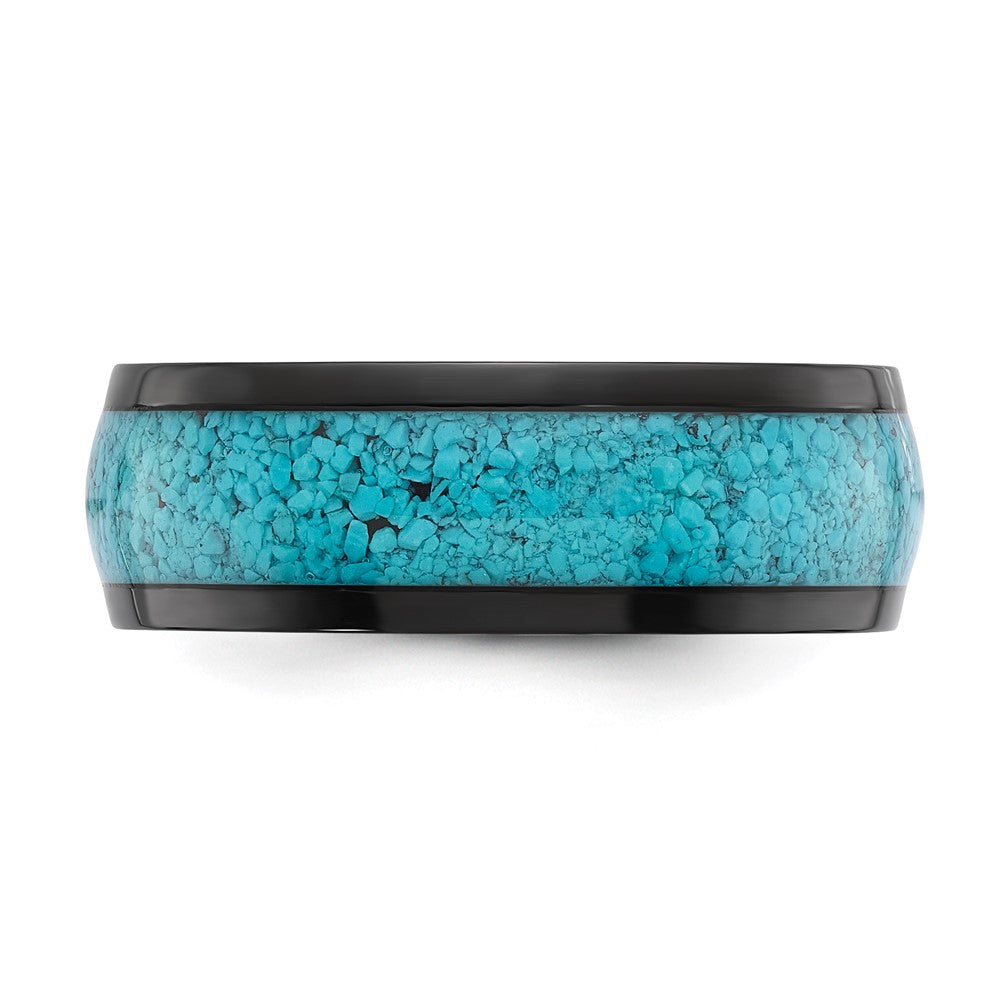 Chisel Stainless Steel Polished Black IP-plated with Imitation Turquoise Inlay 8mm Band Size - 9