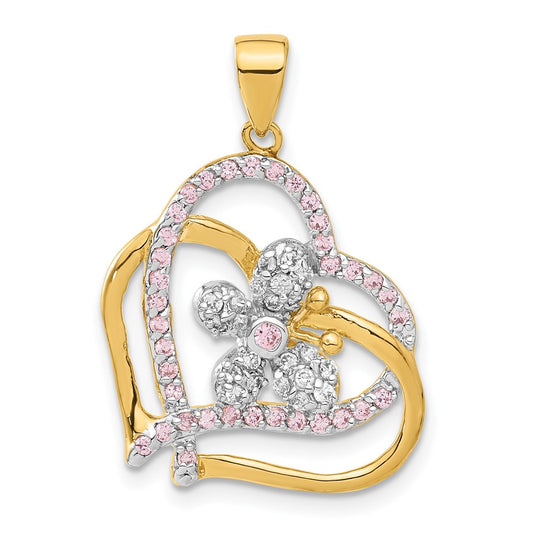 Sterling Silver Flash Gold-plated Pink & Clear CZ Heart Butterfly Pendant