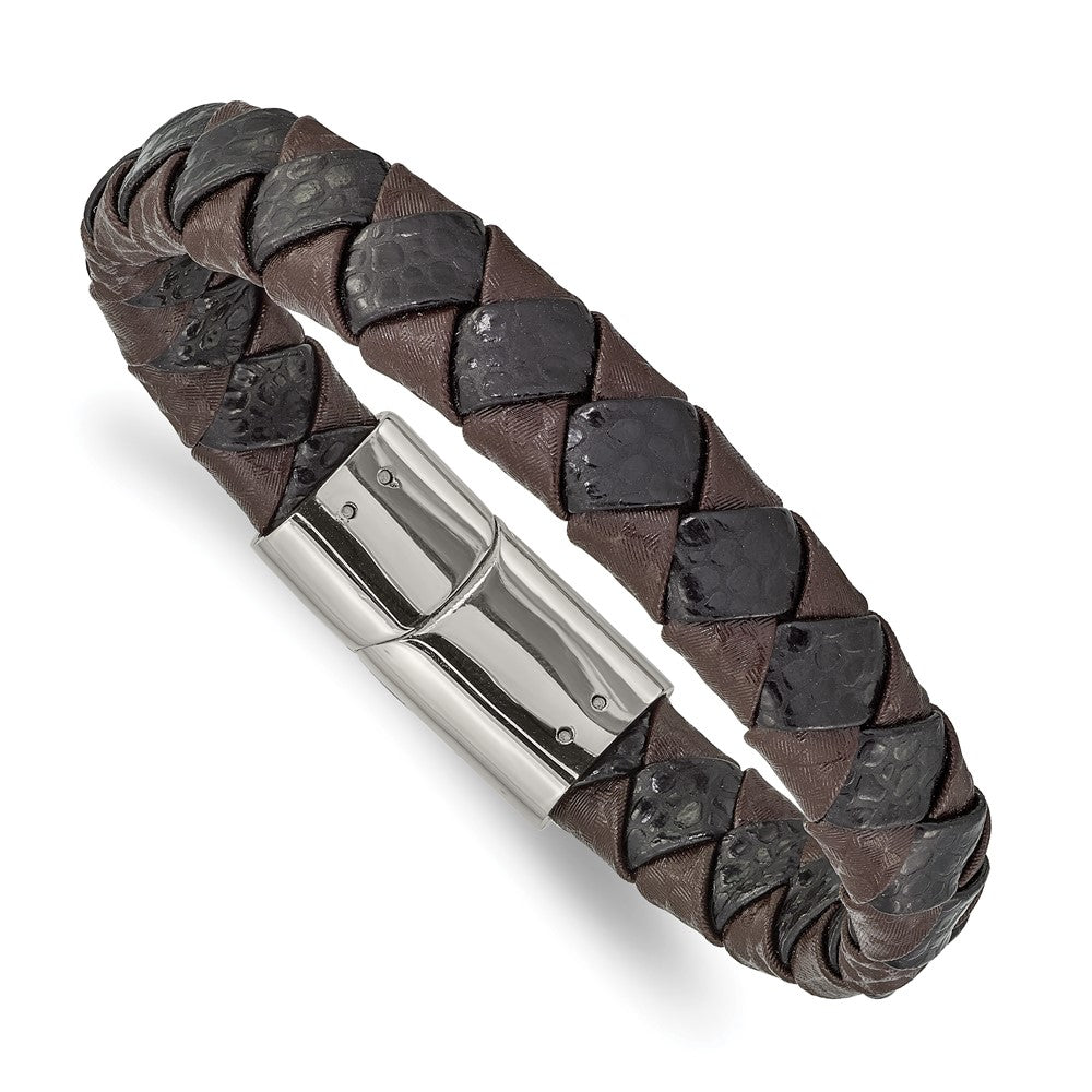 Stainless Steel Polished Black and Brown Textured Leather 8in Bracelet 8 inches