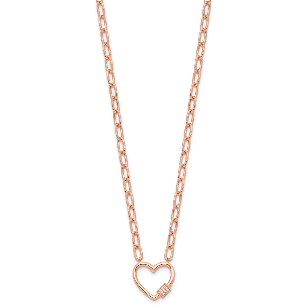 Sterling Silver Rose-tone CZ Heart Paper Clip with 2in ext. Necklace 15.5 Inches