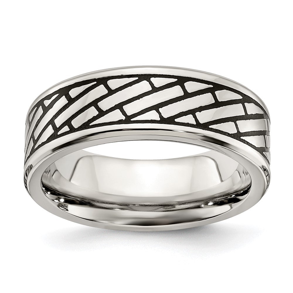 Stainless Steel Antiqued and Polished Brick Pattern 7.5mm Band Size - 9.5