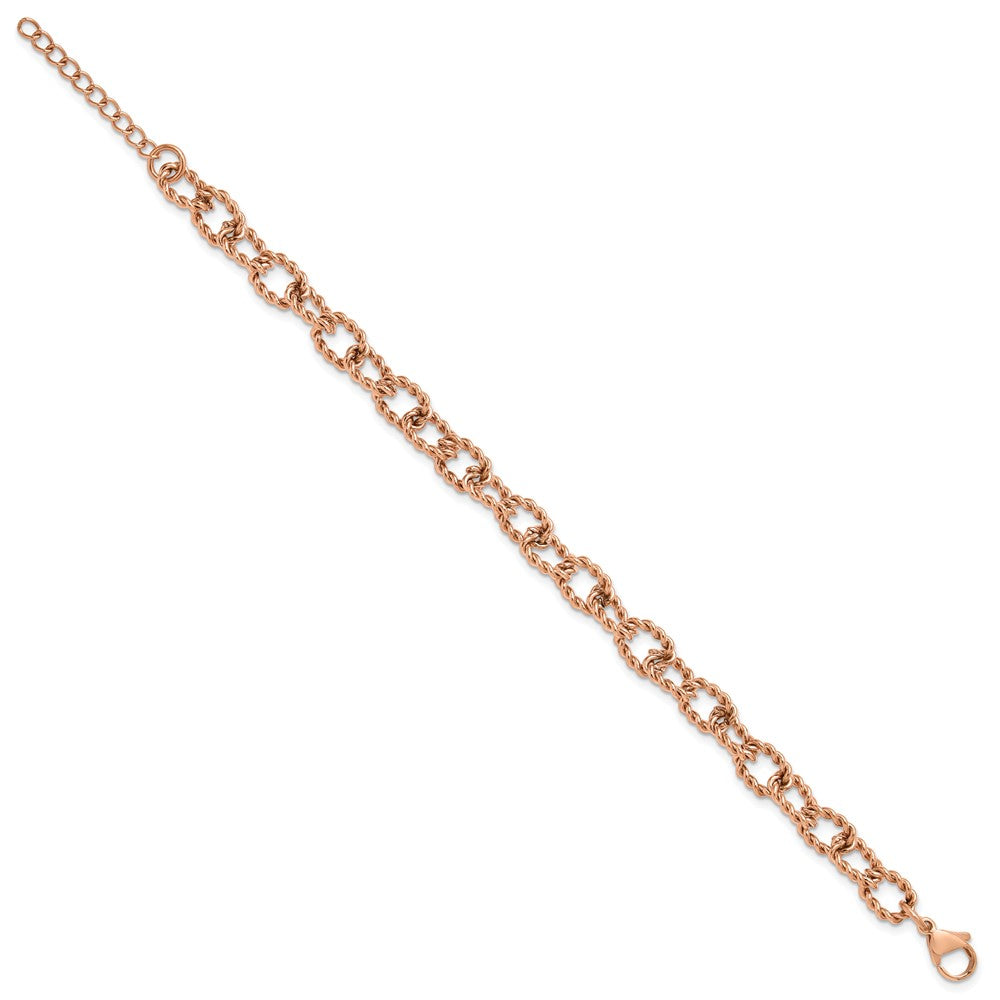 Chisel Stainless Steel Polished and Textured Rose IP-plated Open Link 7 inch Plus a 1 inch Extension Bracelet 8 inches