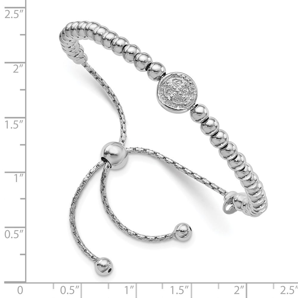 Sterling Silver RH-plated Beaded Saint Medal 5in to 8.25in Bracelet 9 inches